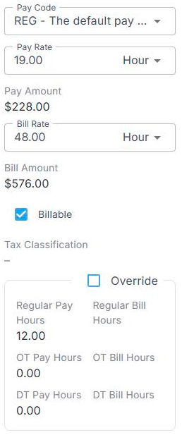Timesheet pay panel: Pay Code REG, Pay Rate 19.00 per Hour, Pay Amount $228.00, Bill Rate 48.00 per Hour, Bill Amount $576.00, Billable, Tax Classification, the Override checkbox and 12.00 regular pay hours with 0.00 overtime and double-time hours