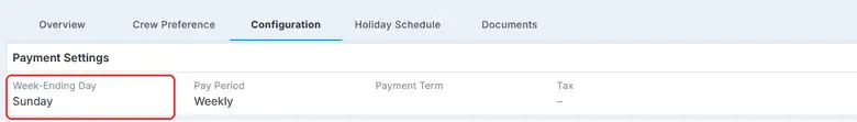 A client record on the Configuration tab. Under Payment Settings, Week-Ending Day is Sunday, circled in red, next to Pay Period Weekly, Payment Term and Tax