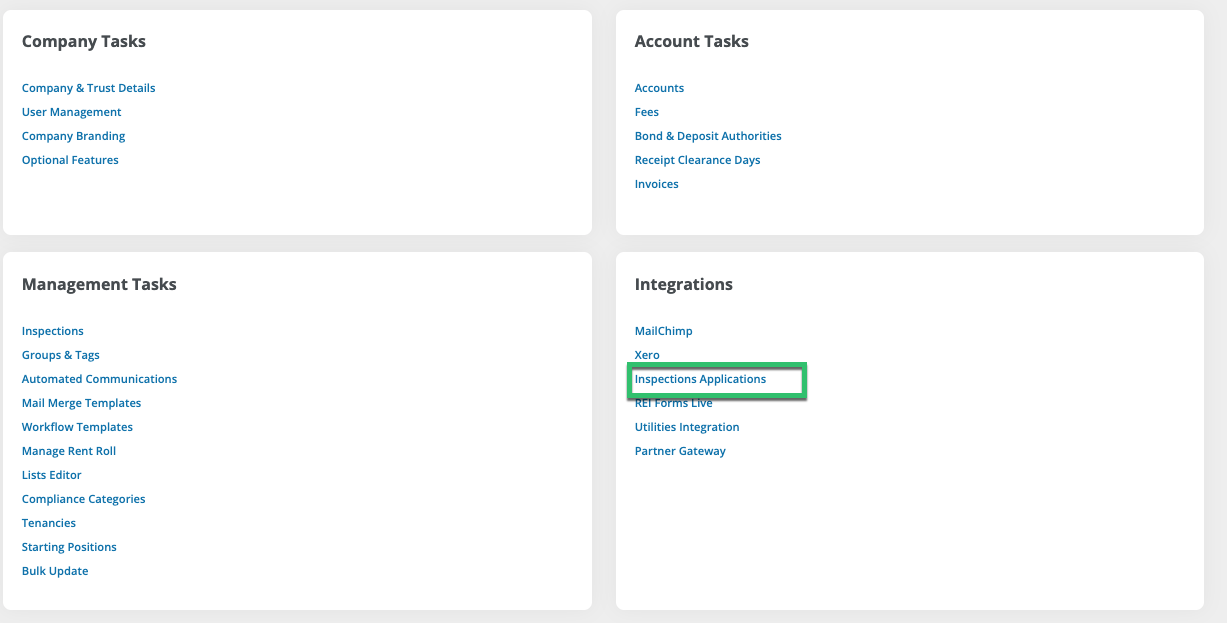 Property Tree screenshot: Inspection Applications