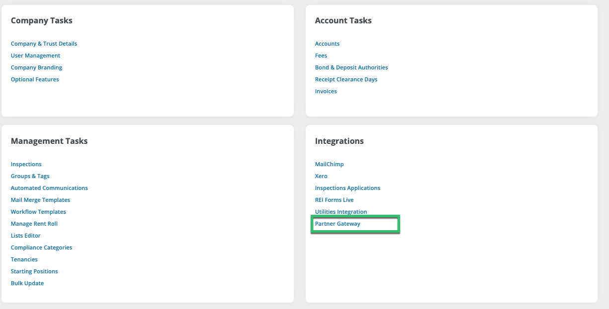 Property Tree screenshot: Partner Gateway