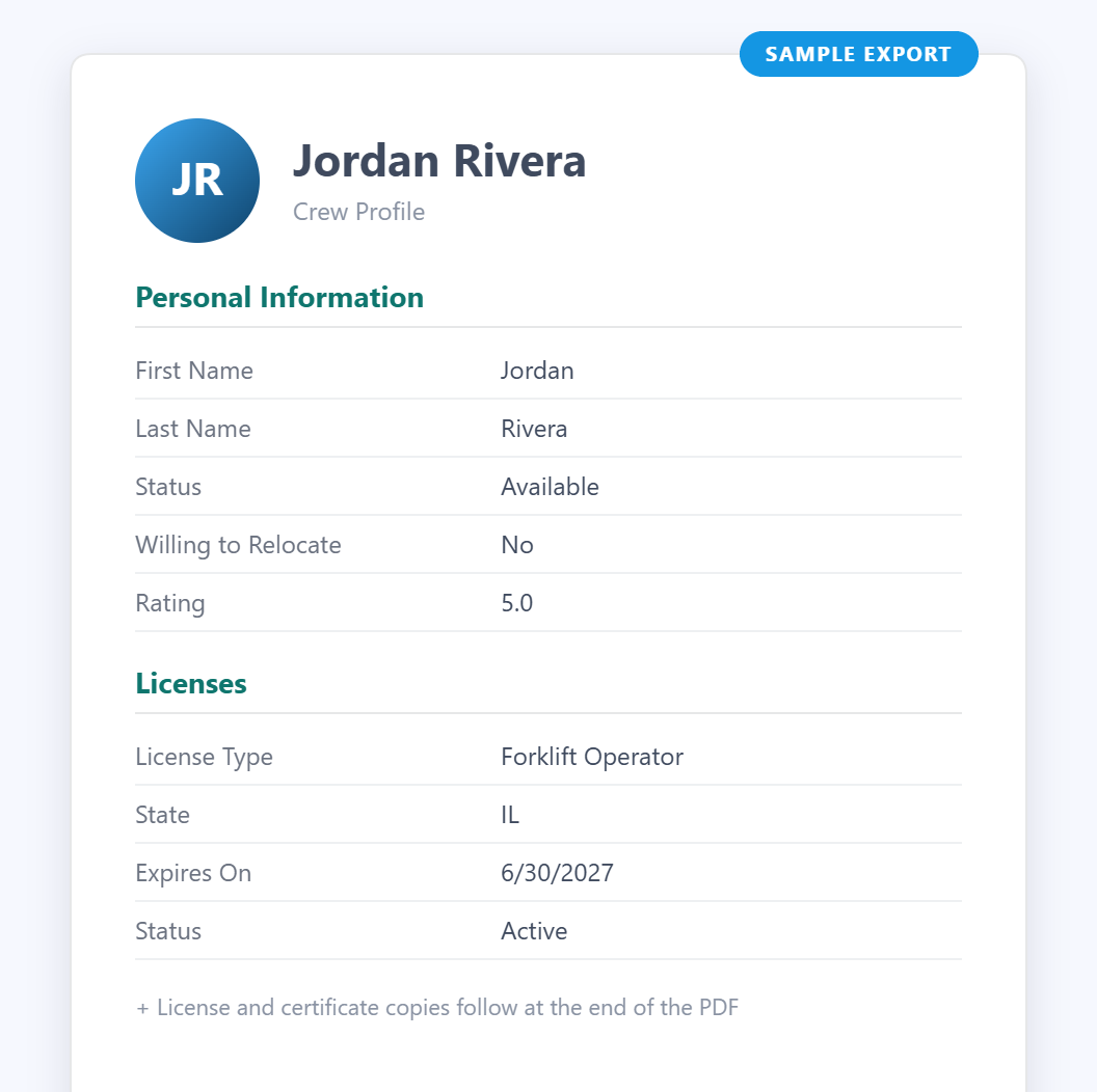Sample first page of an exported Crew profile: name and photo at the top, then Personal Information and Licenses sections, with license and certificate copies attached at the end