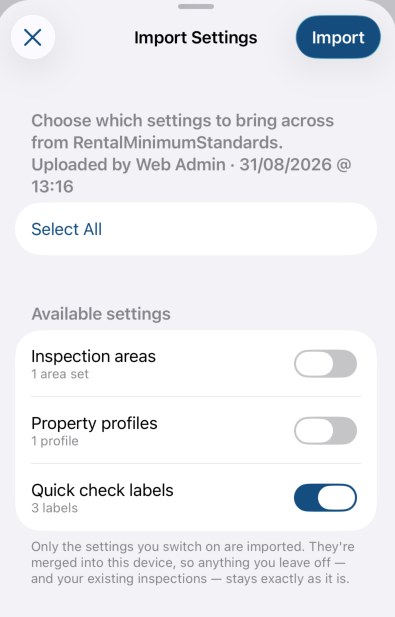 Import Settings screen