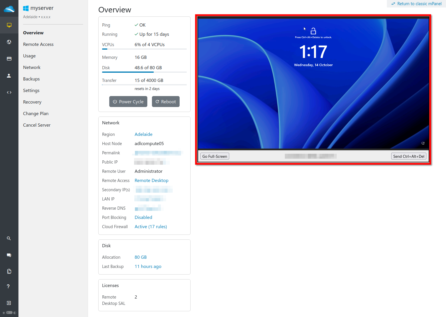 A screenshot of the server overview page for a Windows VPS with the Rescue Console highlighted