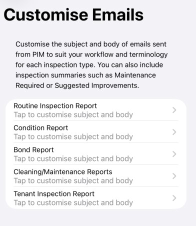 Customise Emails screen