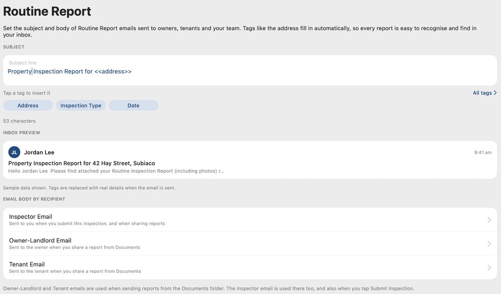 Routine Report email settings with subject, tag chips, inbox preview and recipient emails