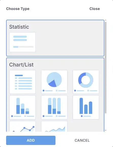 The Choose Type window: Statistic at the top, then Chart/List with a list, pie, donut, stacked bar, bar, line and area option