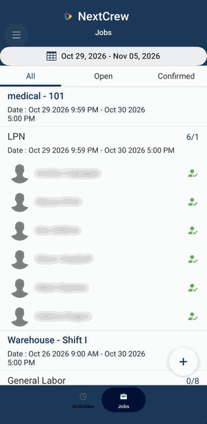 The Jobs screen: a date range at the top, All, Open and Confirmed tabs, and each job with its position and the Crew confirmed on it (names blurred)