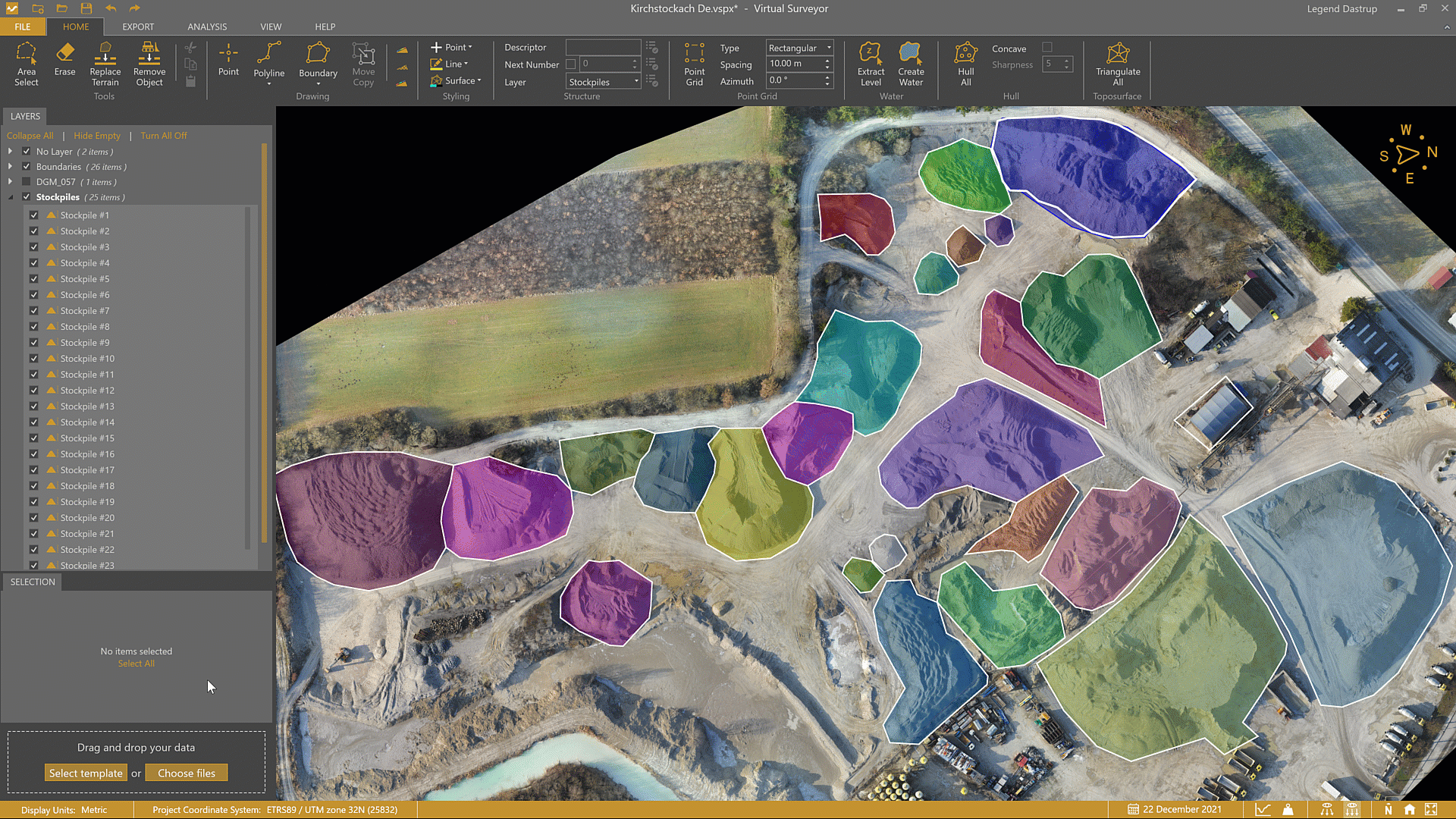 Annotate stockpile information and see it in the Viewport. This includes material type, tonnage, and material value at a glance.