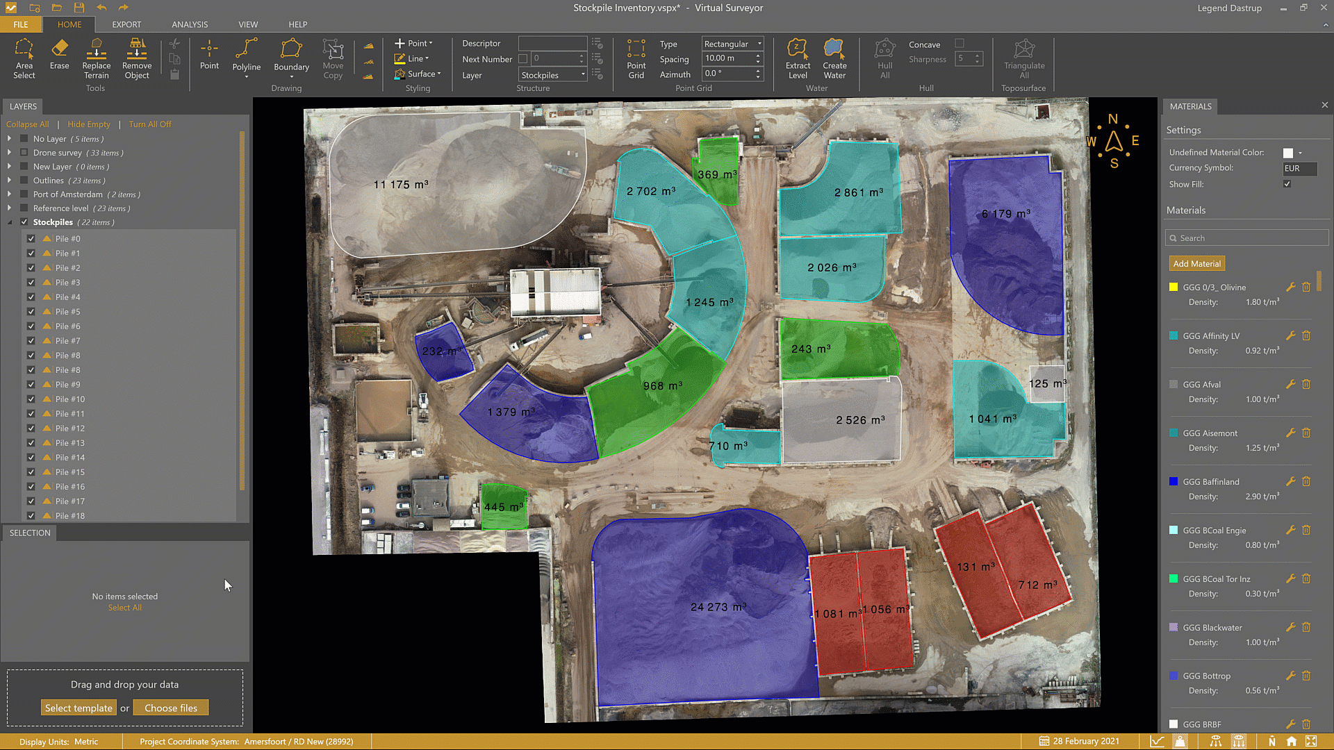 Search for and assign materials to stockpiles from the Tools tab or by right-clicking on the stockpile. 