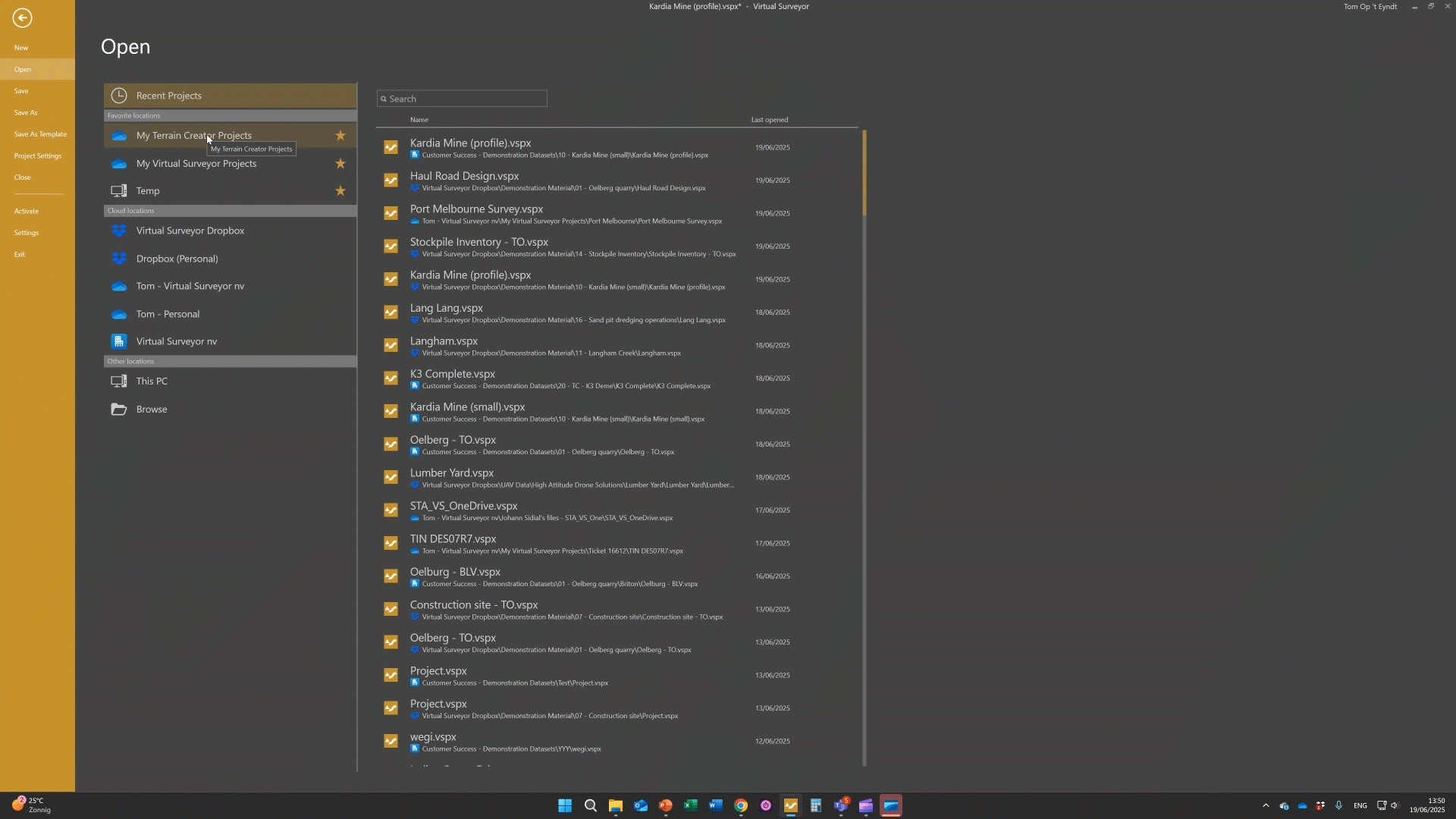 Click the star icon to the left of a folder to add it to your Favorite Locations in the Virtual Surveyor and Terrain Creator apps. You favorite any folder that can be access through the File Explorer, including ones through the cloud using Dropbox, Onedrive, and SharePoint.