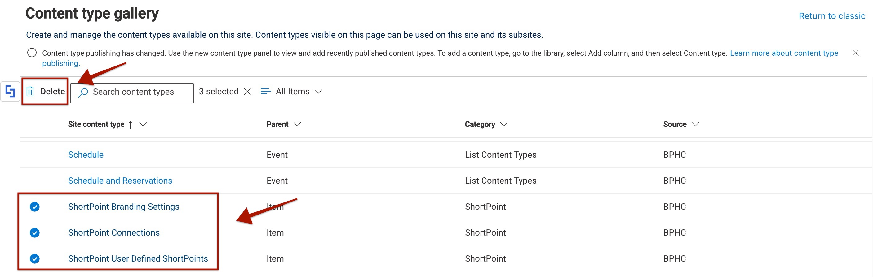 Delete ShortPoint Content Type