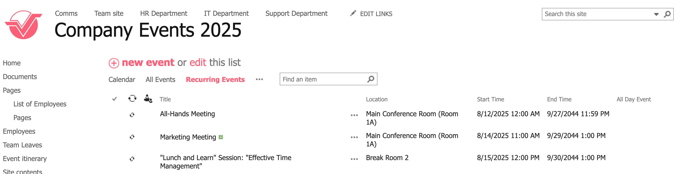 sample recurring events view