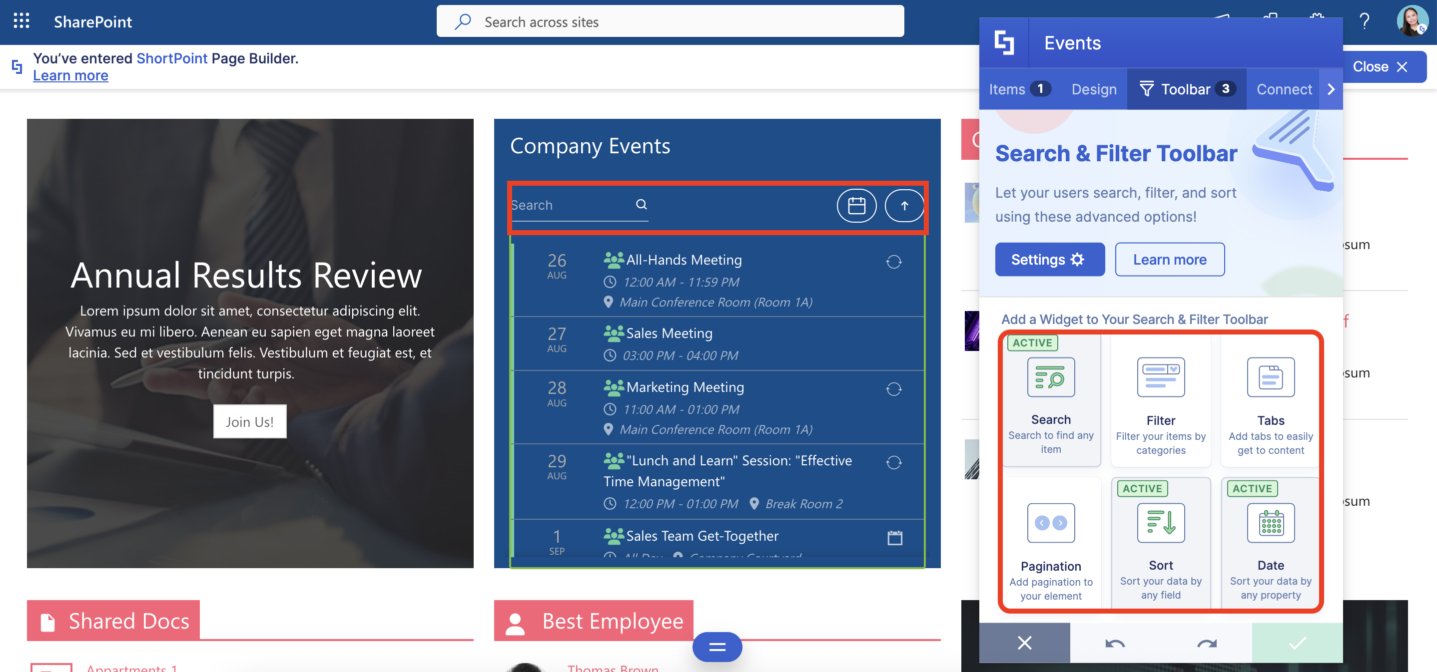 sample design element with active widgets