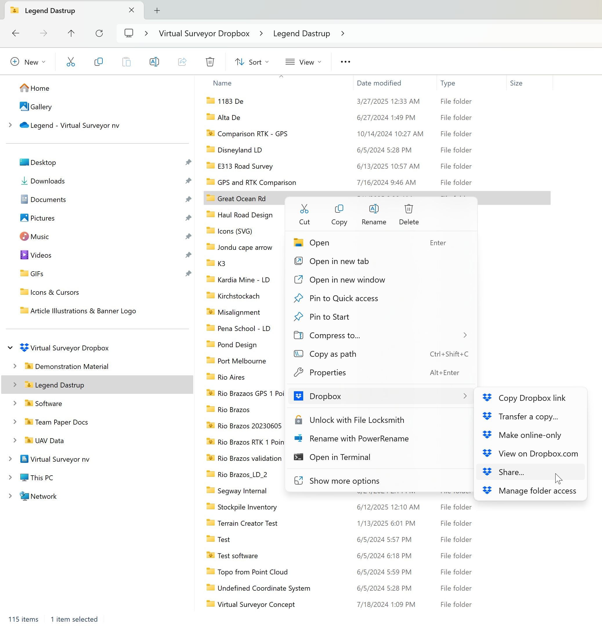 Use right-click on a file to Share it externally using DropBox.