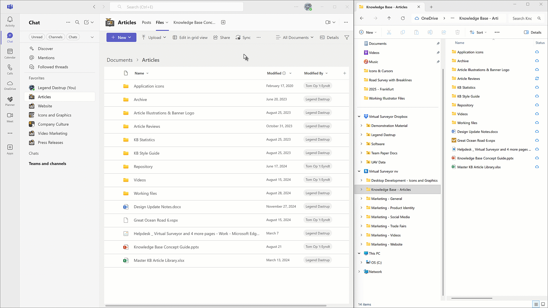 SharePoint files that have been synced to File Explorer. You can see that the available files and folders are available on both Teams and File Explorer and are managed through OneDrive's sync app.