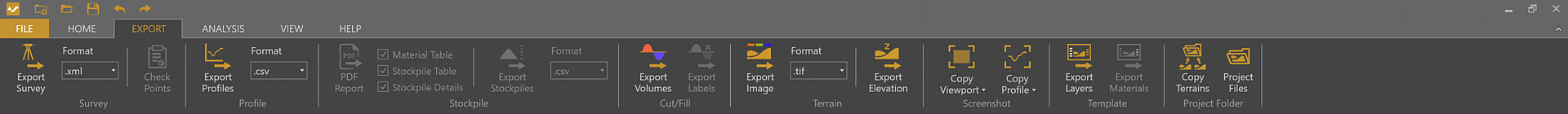 Location of both the Copy Terrains and Project Files buttons in the Export tab.