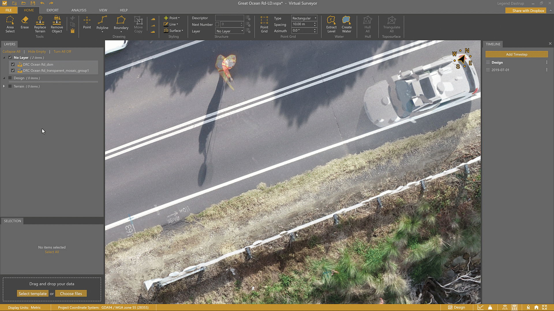 Using the Distance guide from the Line Drawing Mode input selection options to draw the line of a road every 4 meters apart.