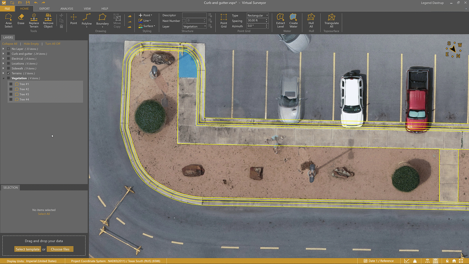 Using the Edge First mode of the Circle drawing tool to generate a planimetric drawing around trees.