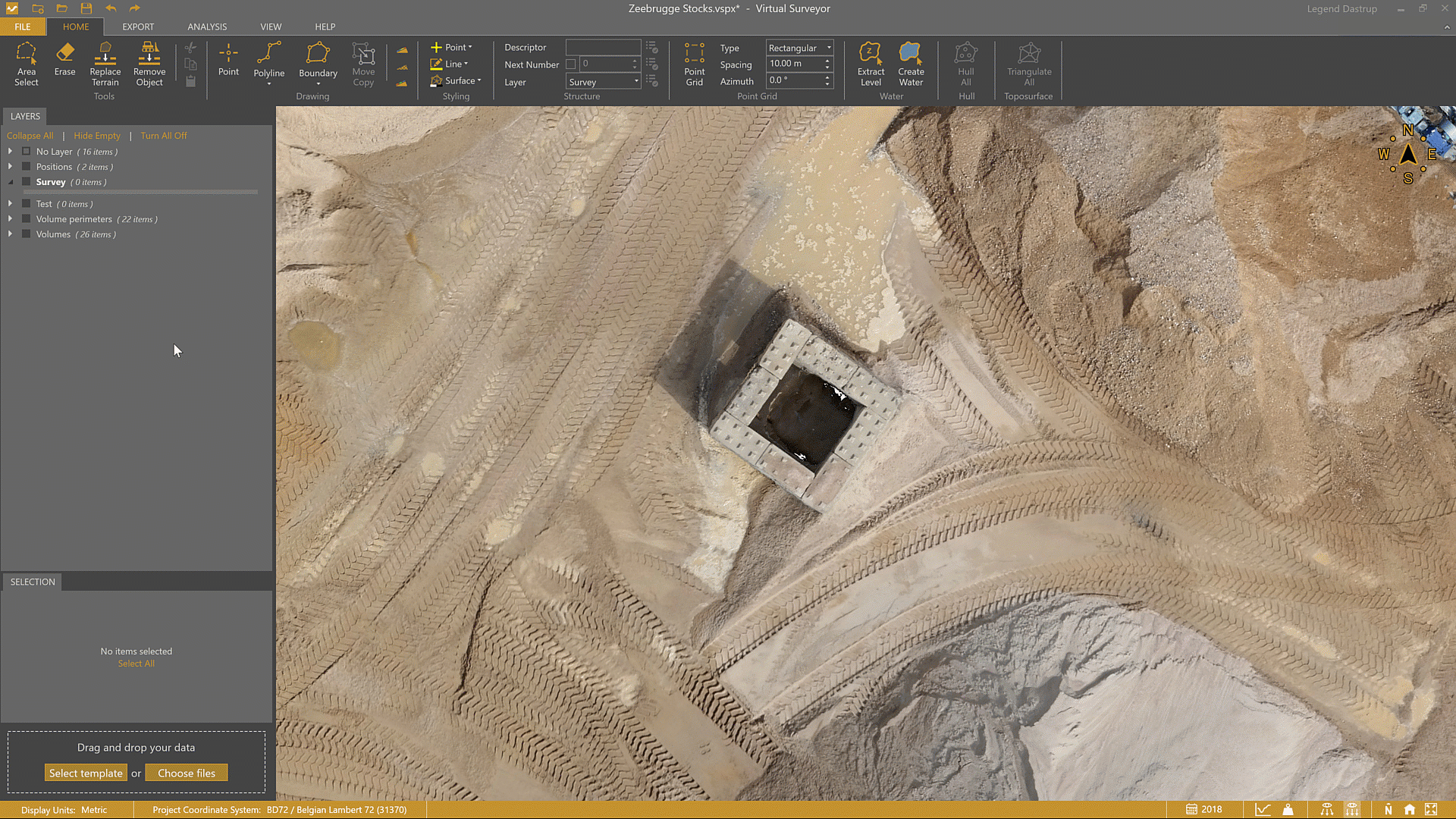 Using the Diagonal First mode of the Rectangle drawing tool to quickly outline a feature on a stockpile site. 