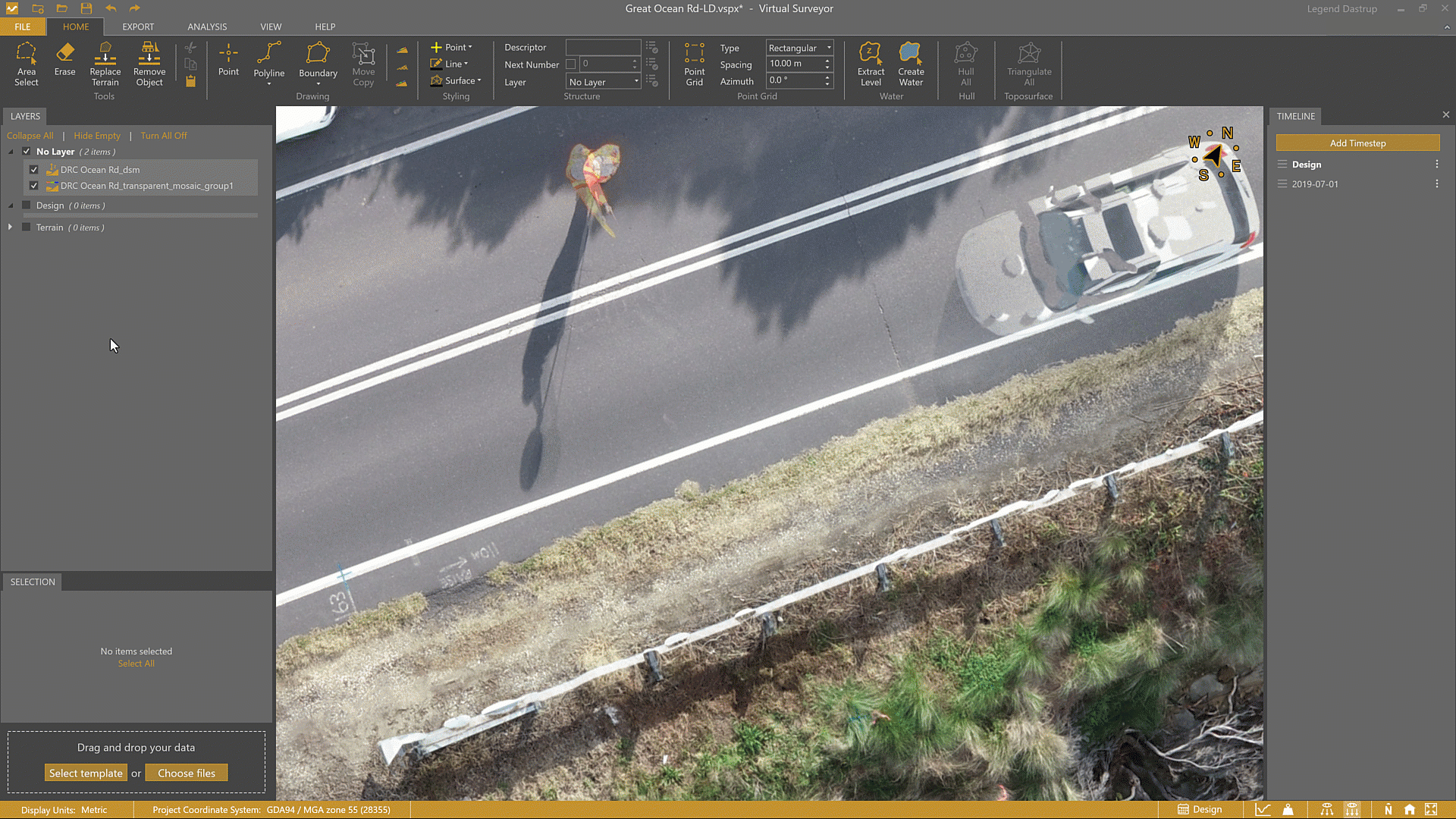 Using the Distance guide from the Line Drawing Mode input selection options to draw the line of a road every 4 meters apart.