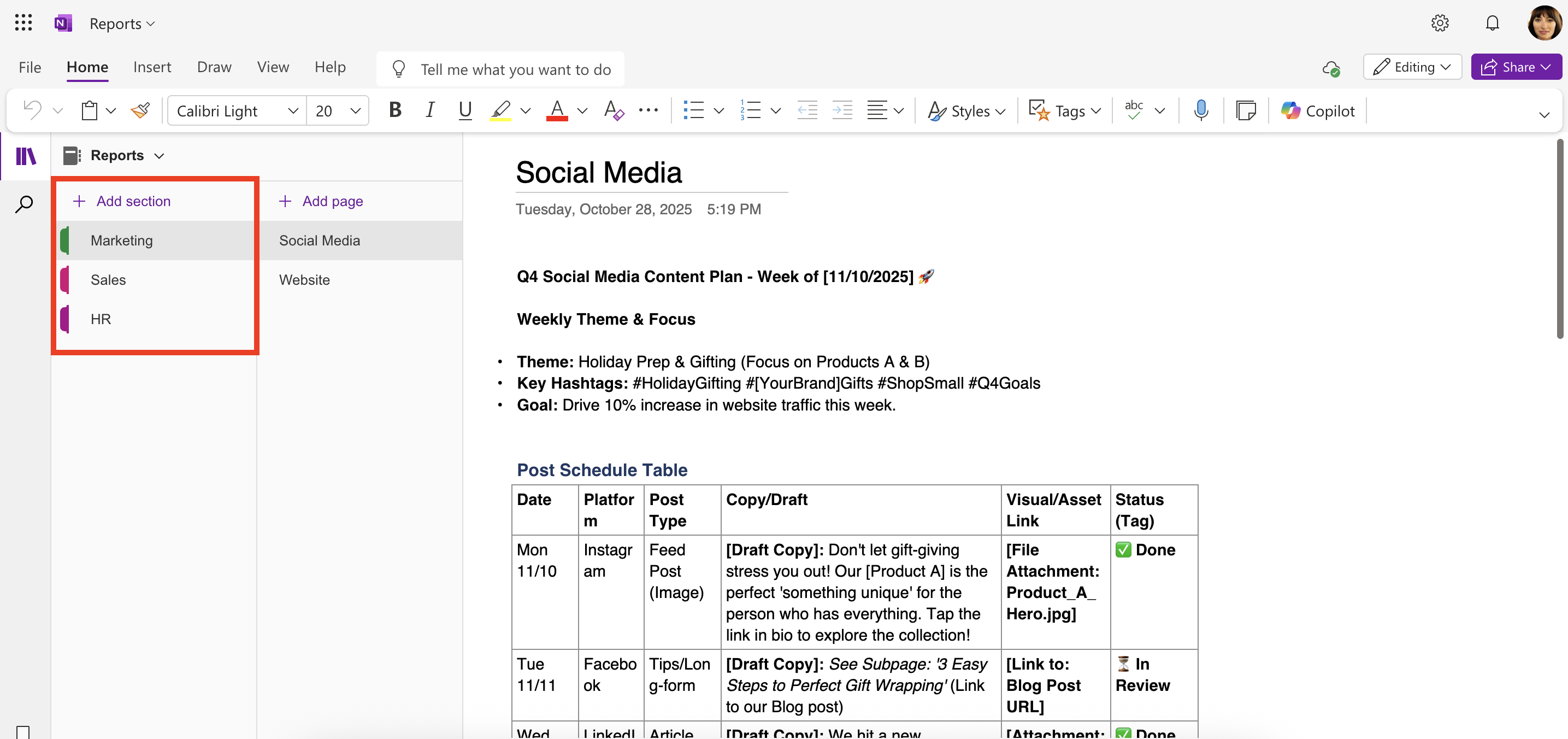 sample OneNote notebook sections