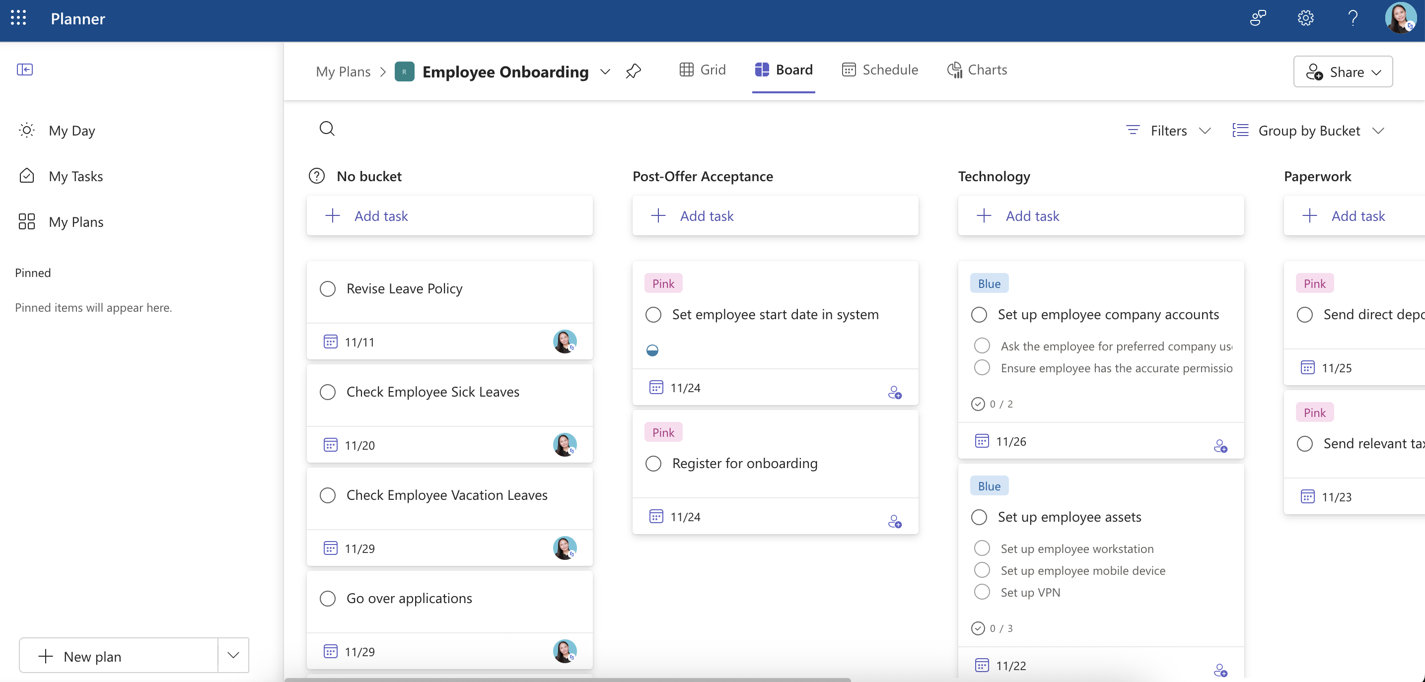 sample Micosoft Planner plan