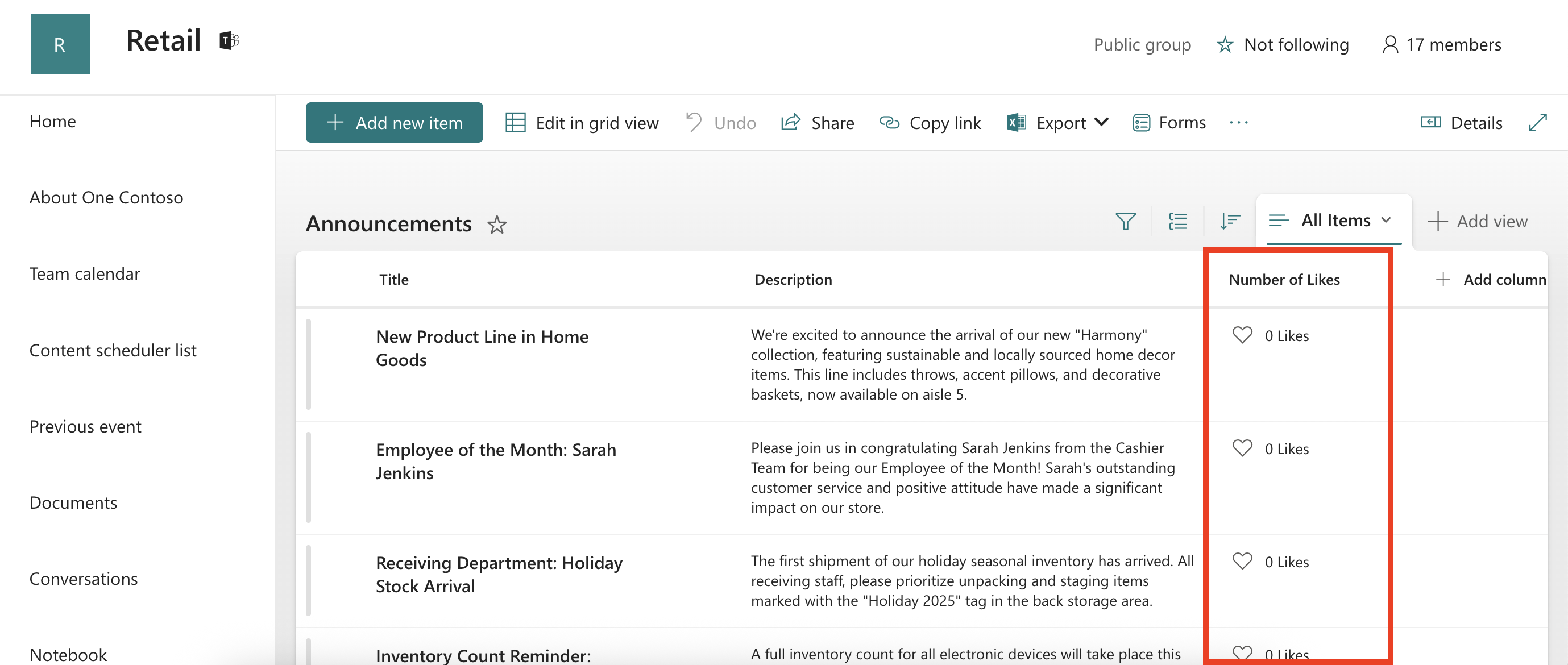 number of likes column