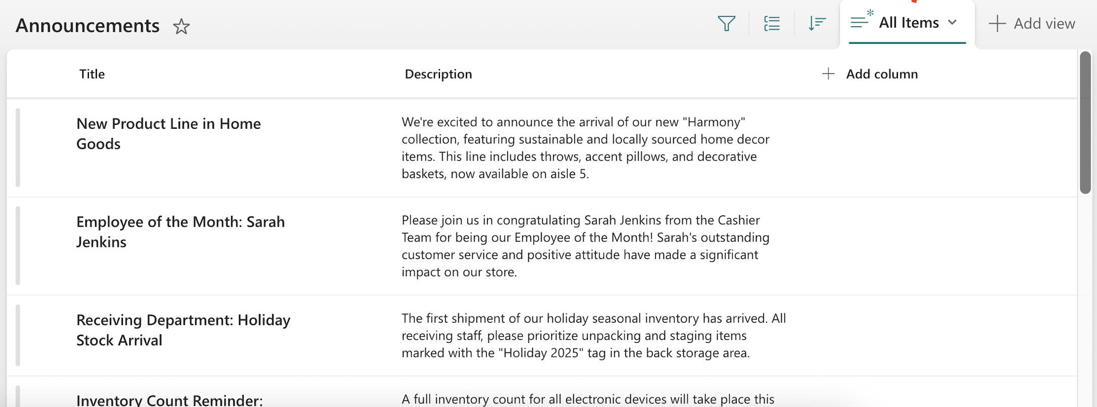 sample SharePoint List