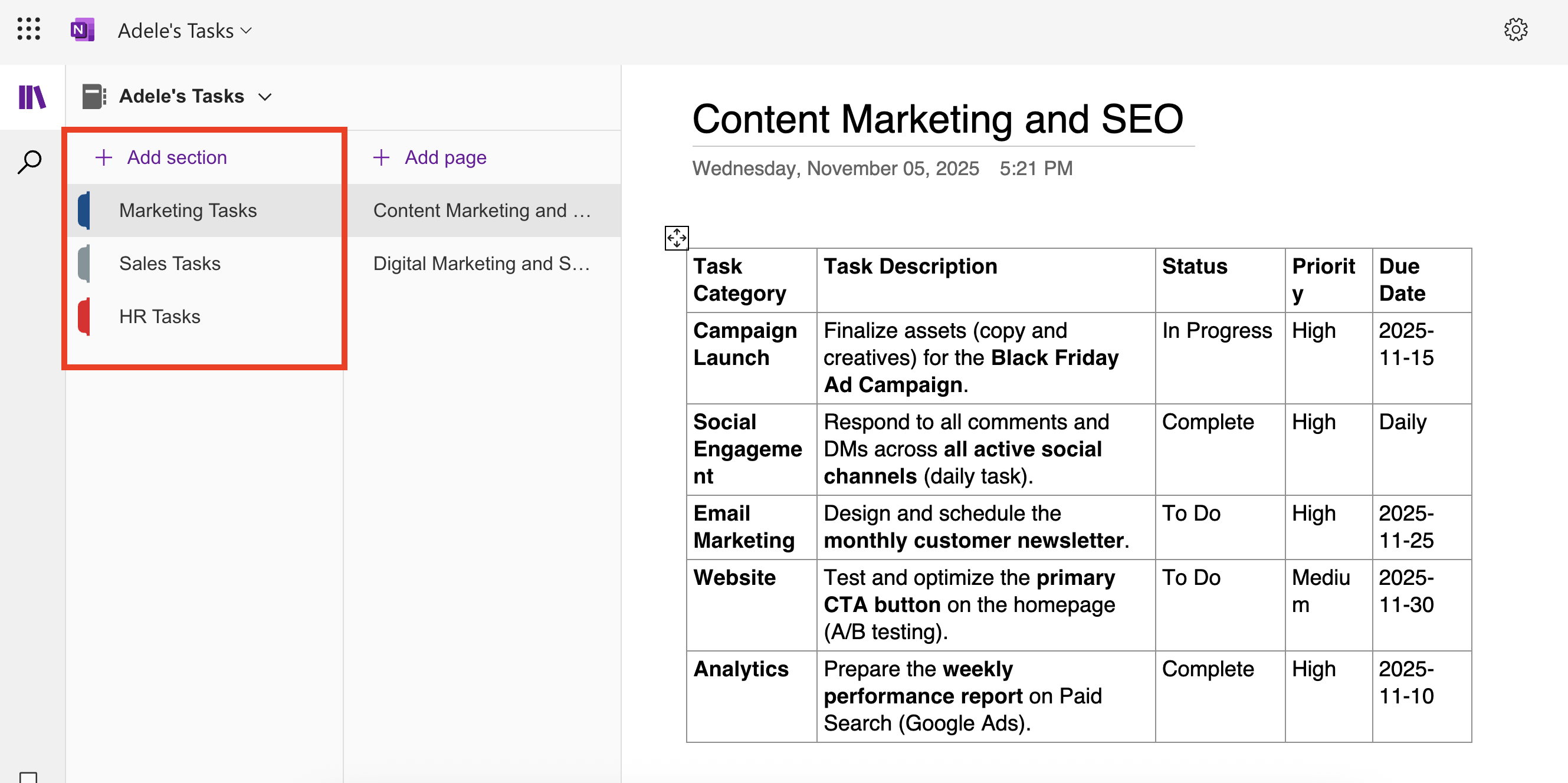 sample OneNote notebook sections