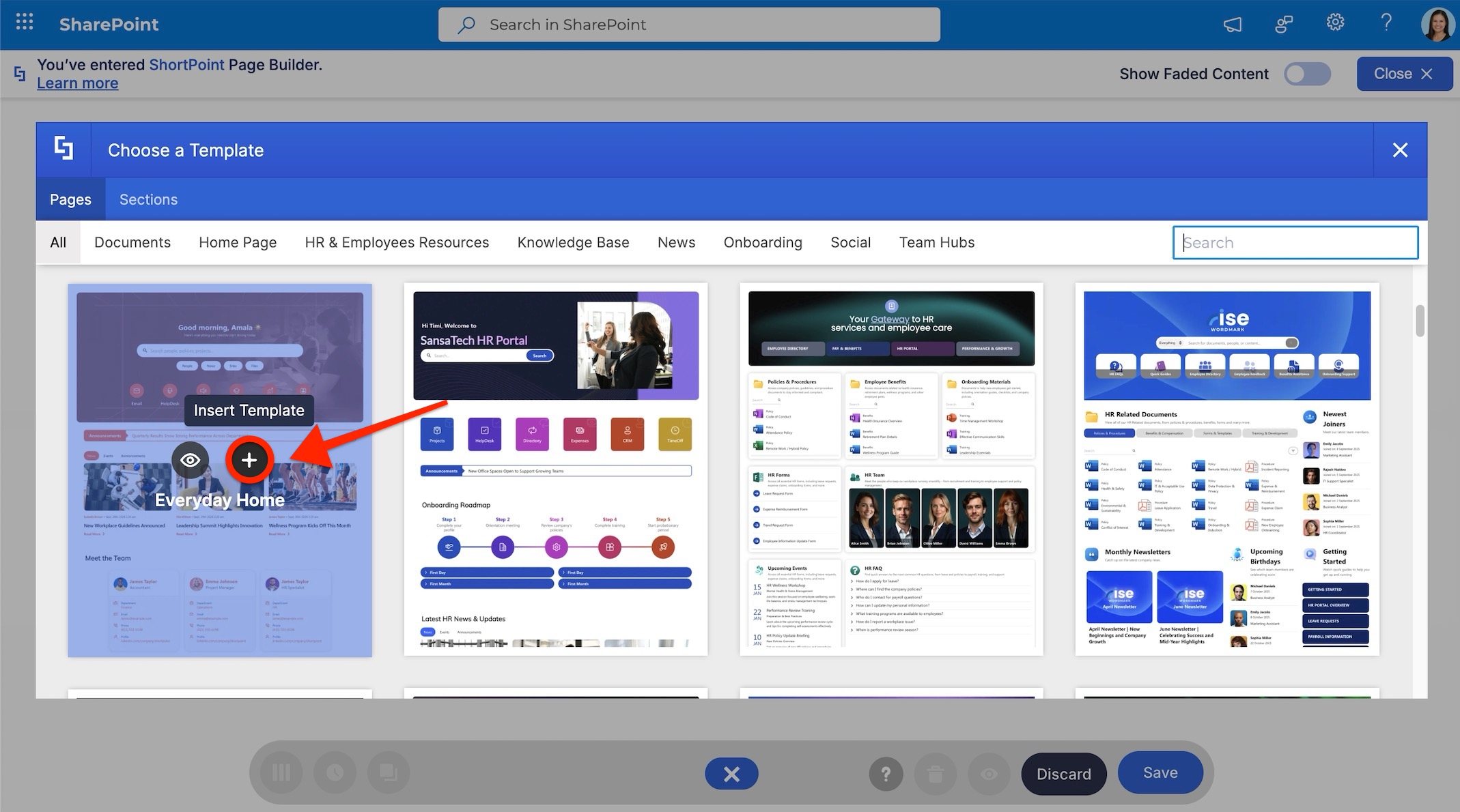 Insert a template from the main page