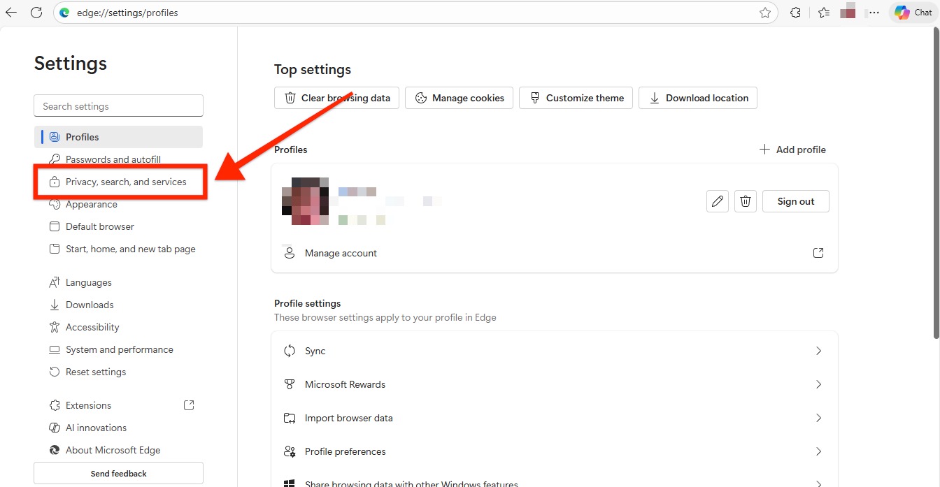 select privacy, search, and services