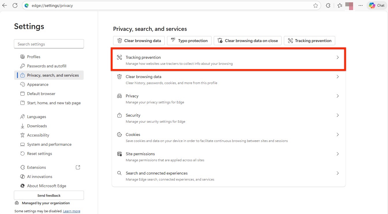select tracking prevention section