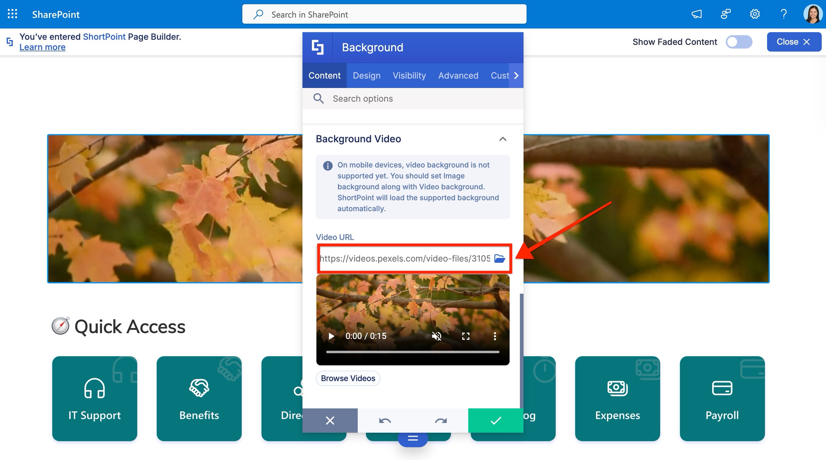 URL added to the design element settings