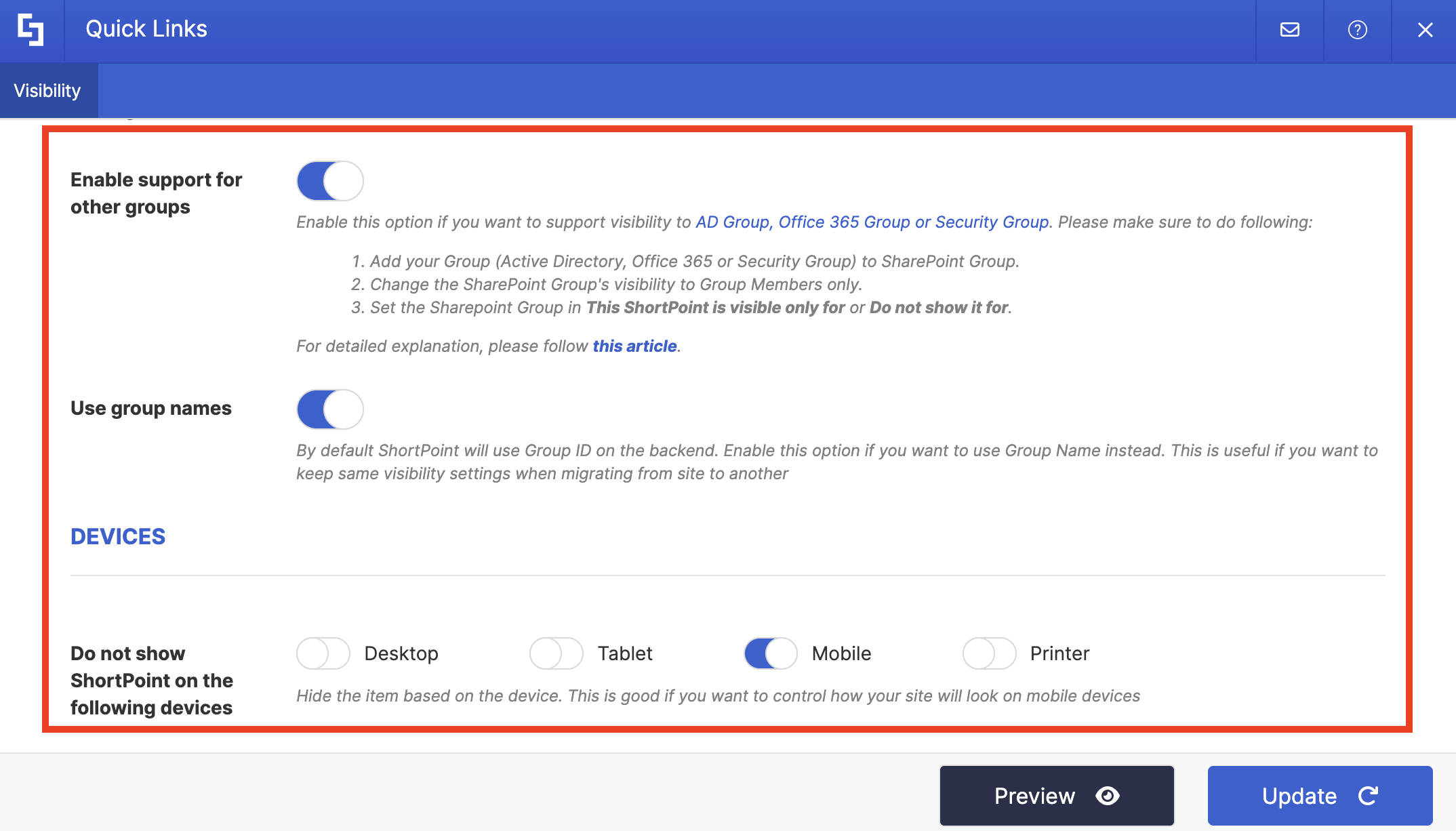 devices visibility control