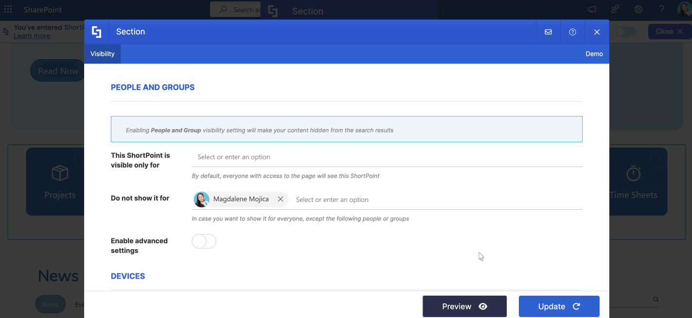 applying visibility settings