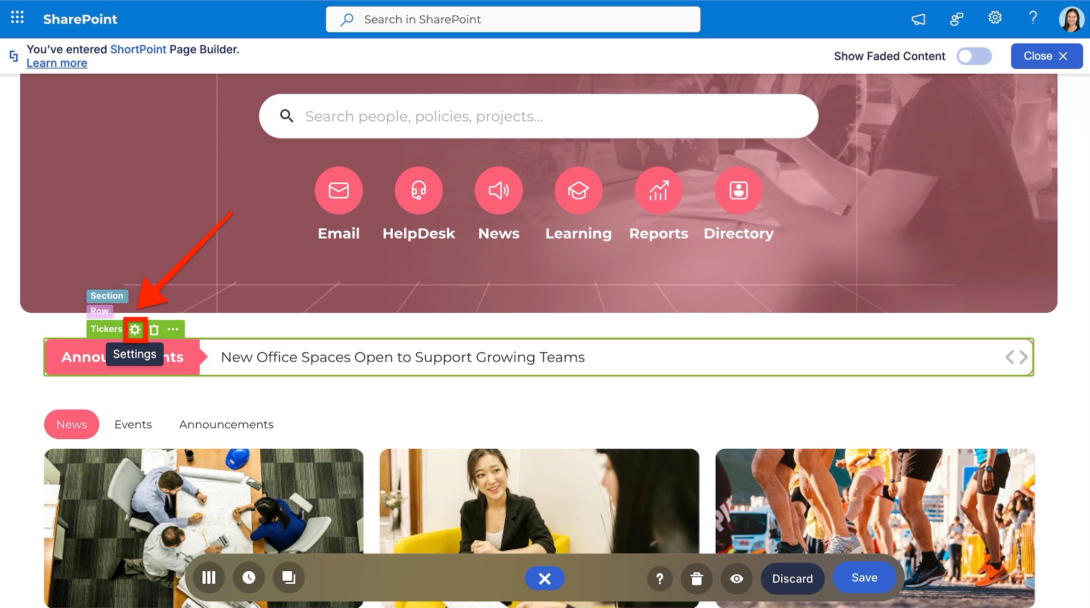 open the design element settings window