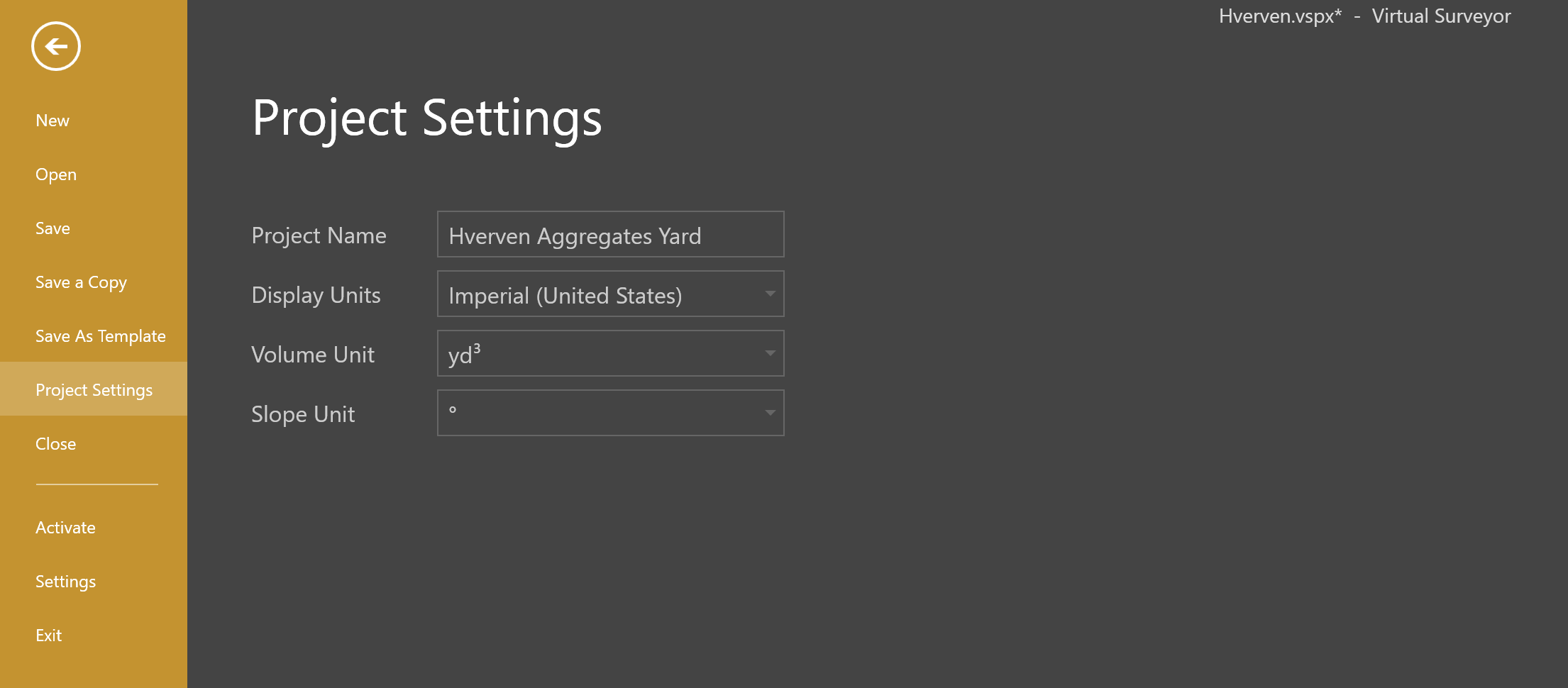 Project Settings for Virtual Surveyor.