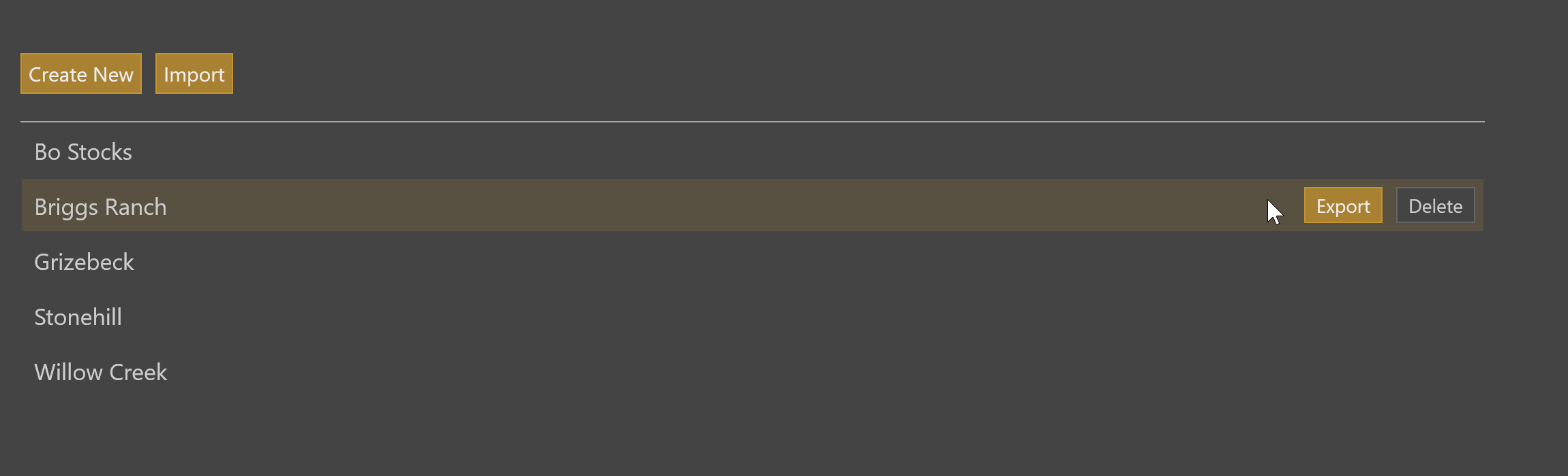 Local Coordinate Systems: Export and Delete buttons locations.