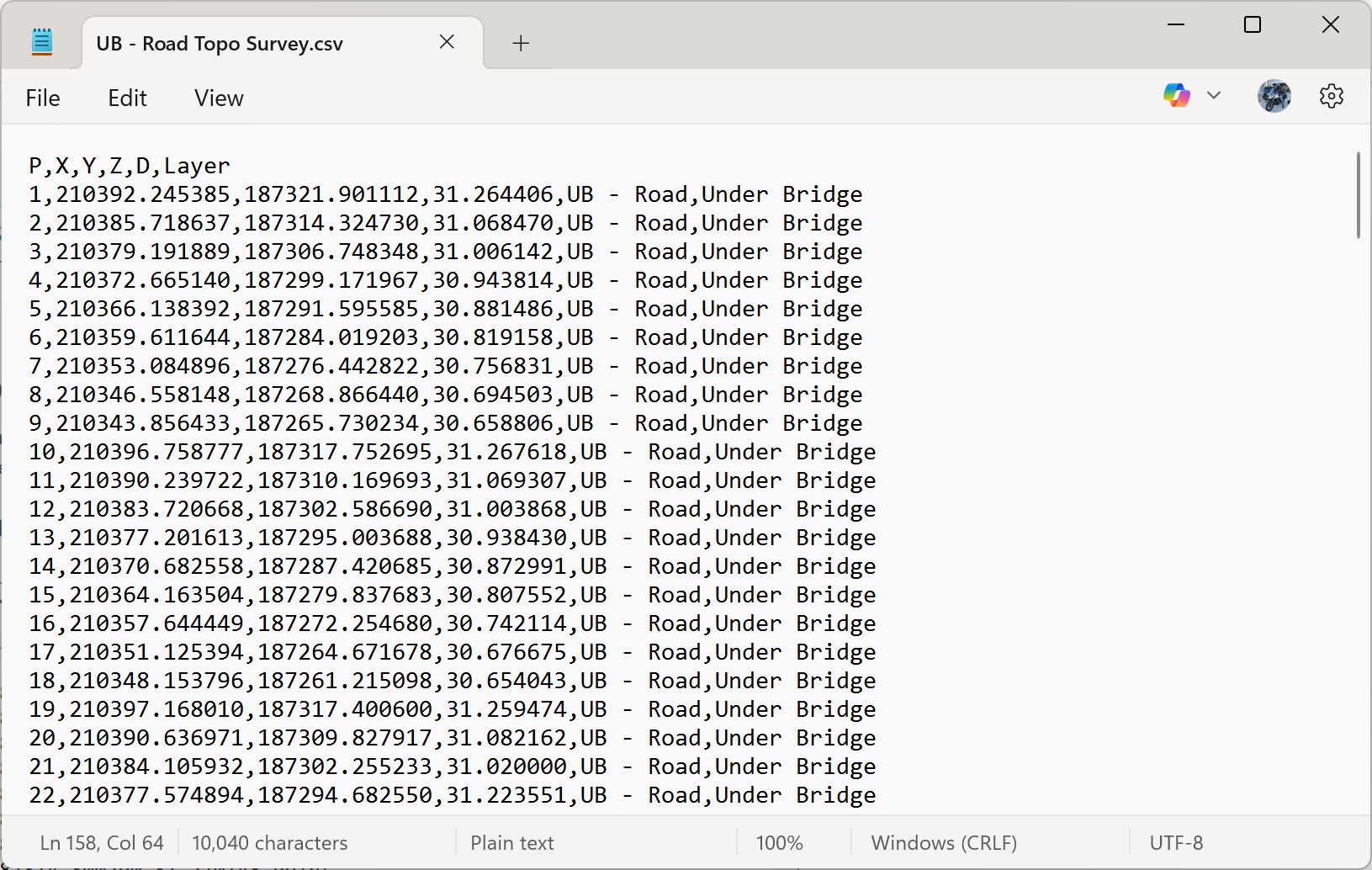 Road_topo_survey.csv opened in Notepad using the P,X,Y,Z,D format.