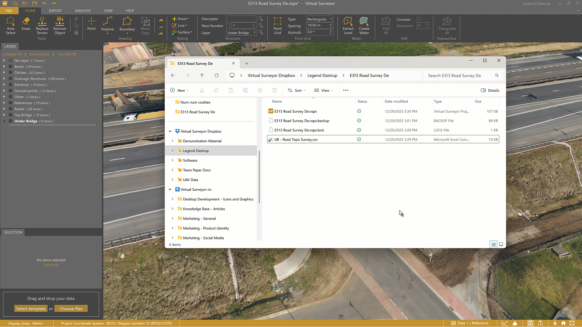 Drag and drop the .csv point file into VirtualSurveyor..