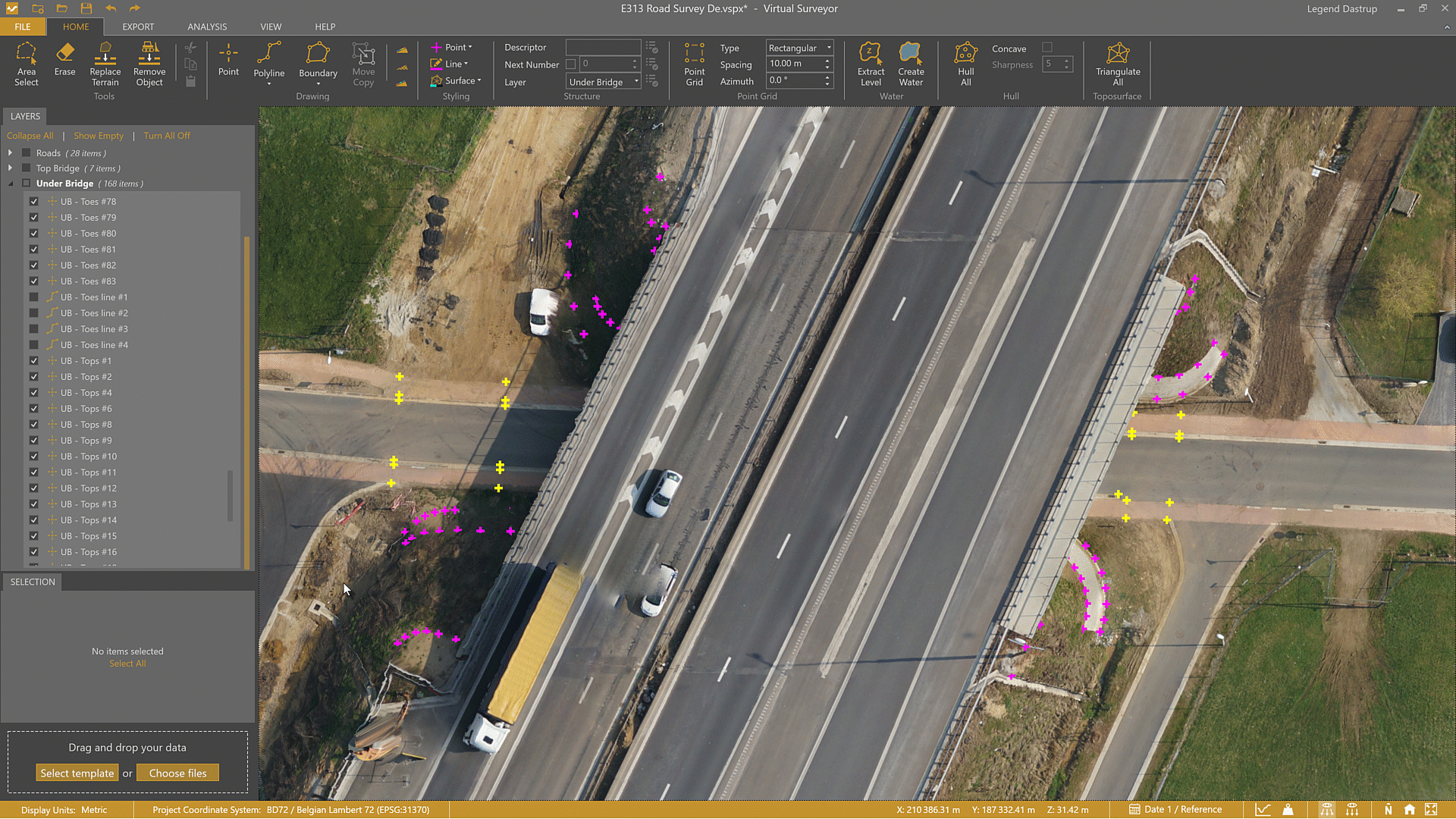 Use 2D mode to see the points under the bridge.