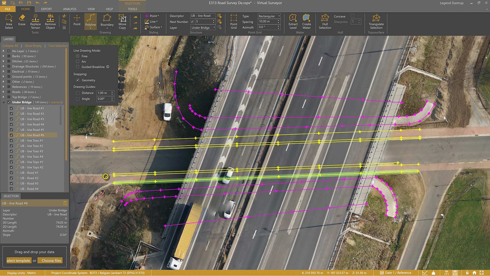 Draw lines that connect to each dot to create a line survey under the bridge.