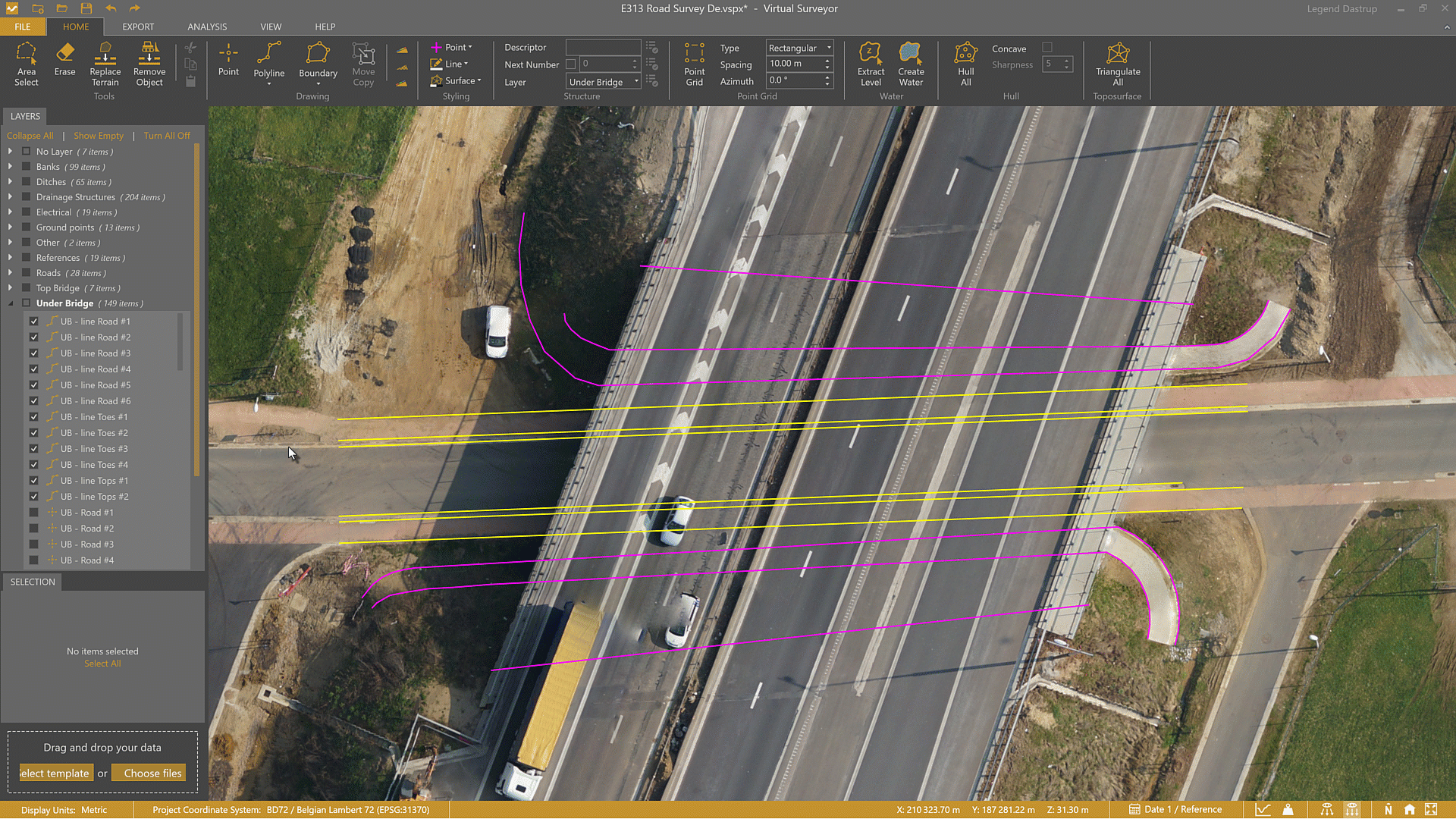 Triangulate the road survey under the bridge.