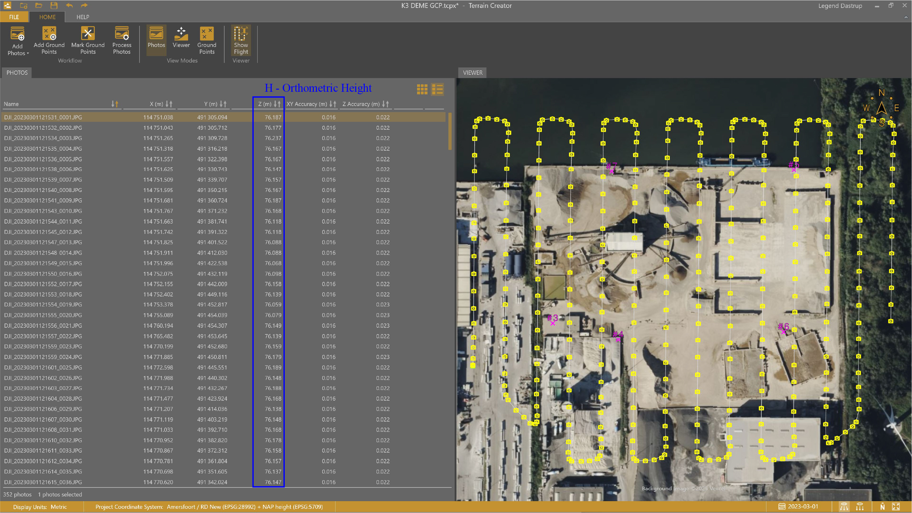 In this example, the camera elevations are converted to orthometric elevations (H).
