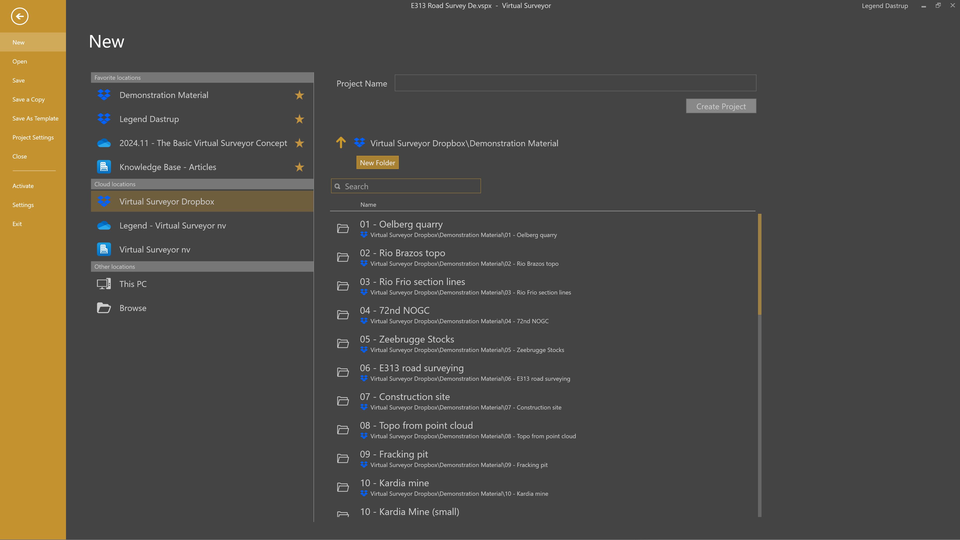 Create a new project, open, or save a copy of a project.