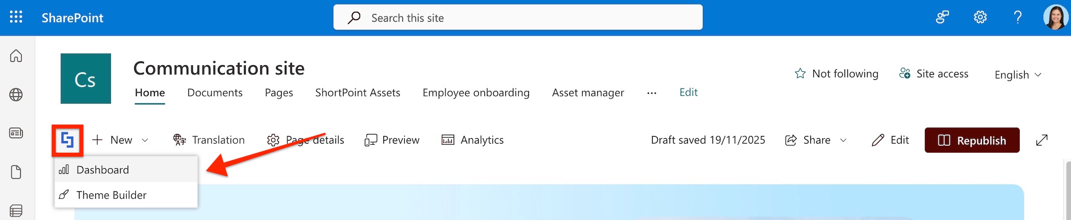Click ShortPoint Shortcuts and choose Dashboard