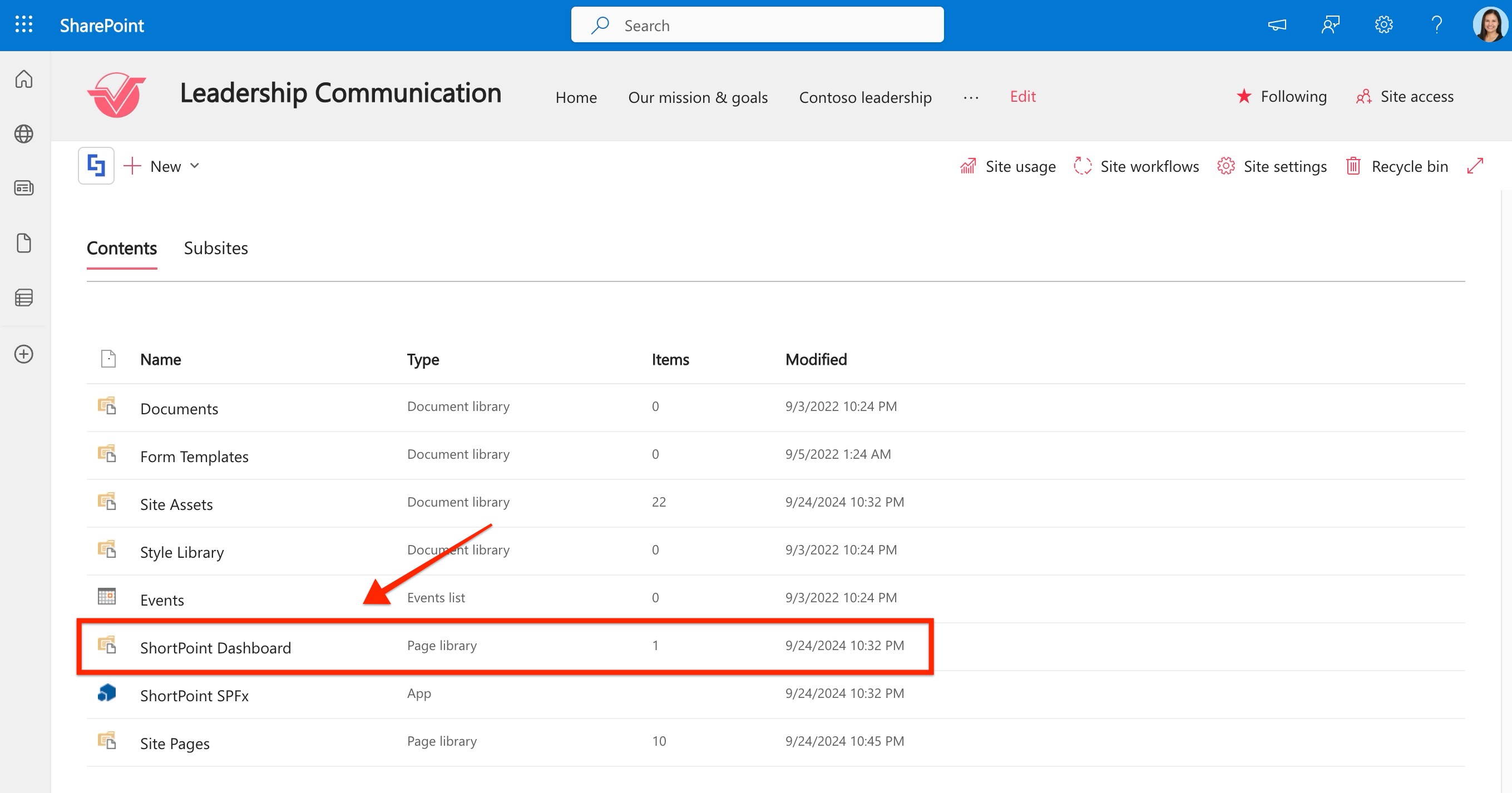 Select ShortPoint Dashboard from Site Contents