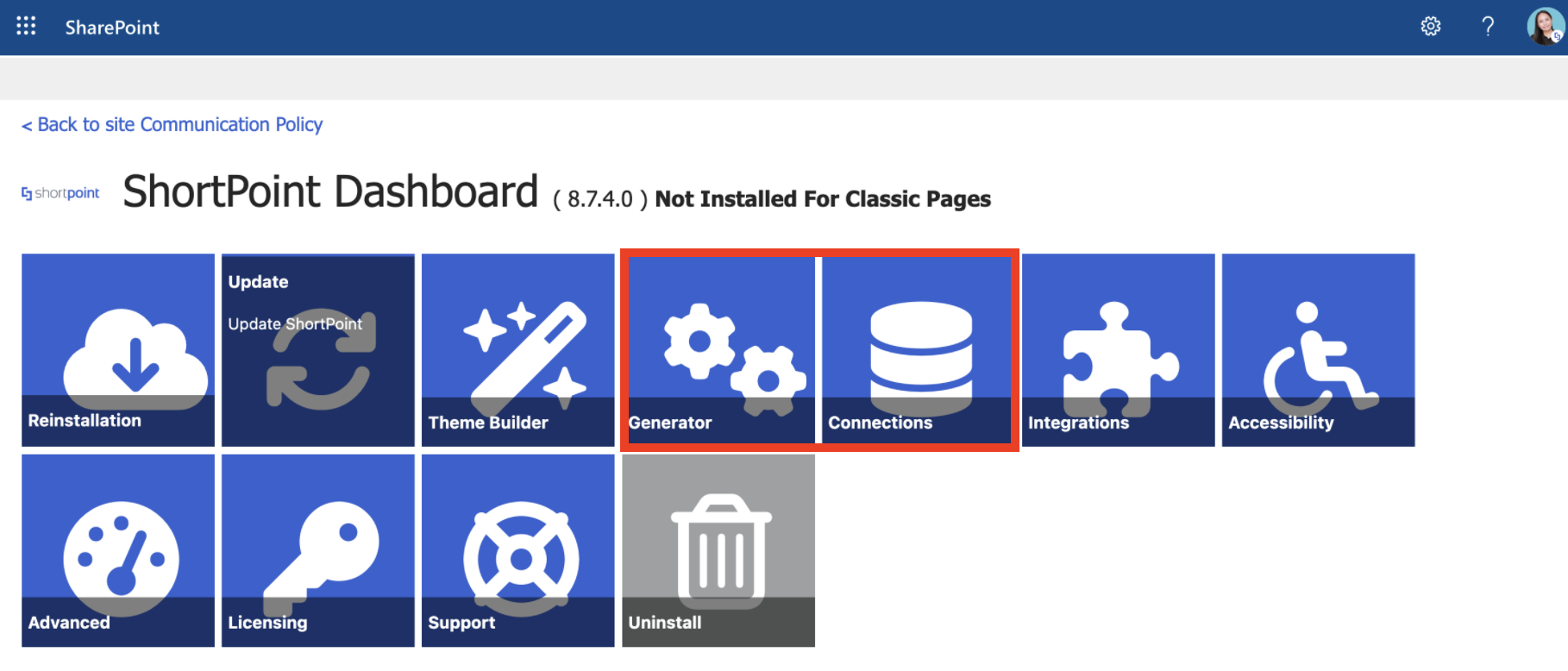 Generator and connections page