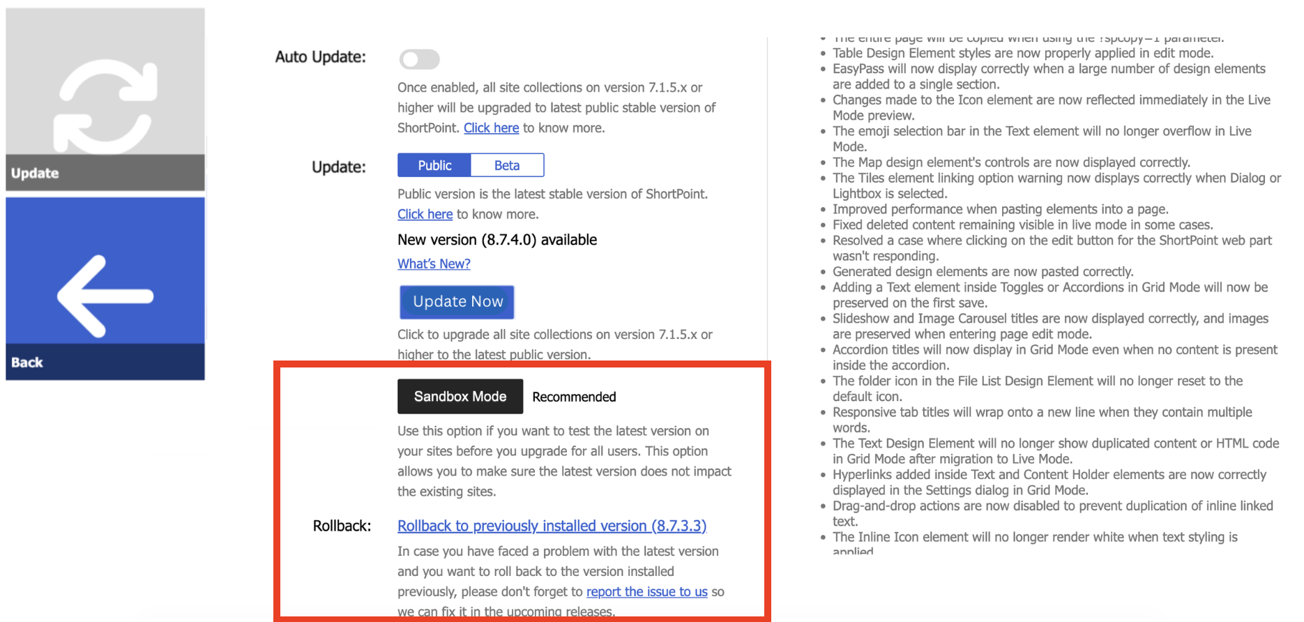 Sandbox Mode and rollback