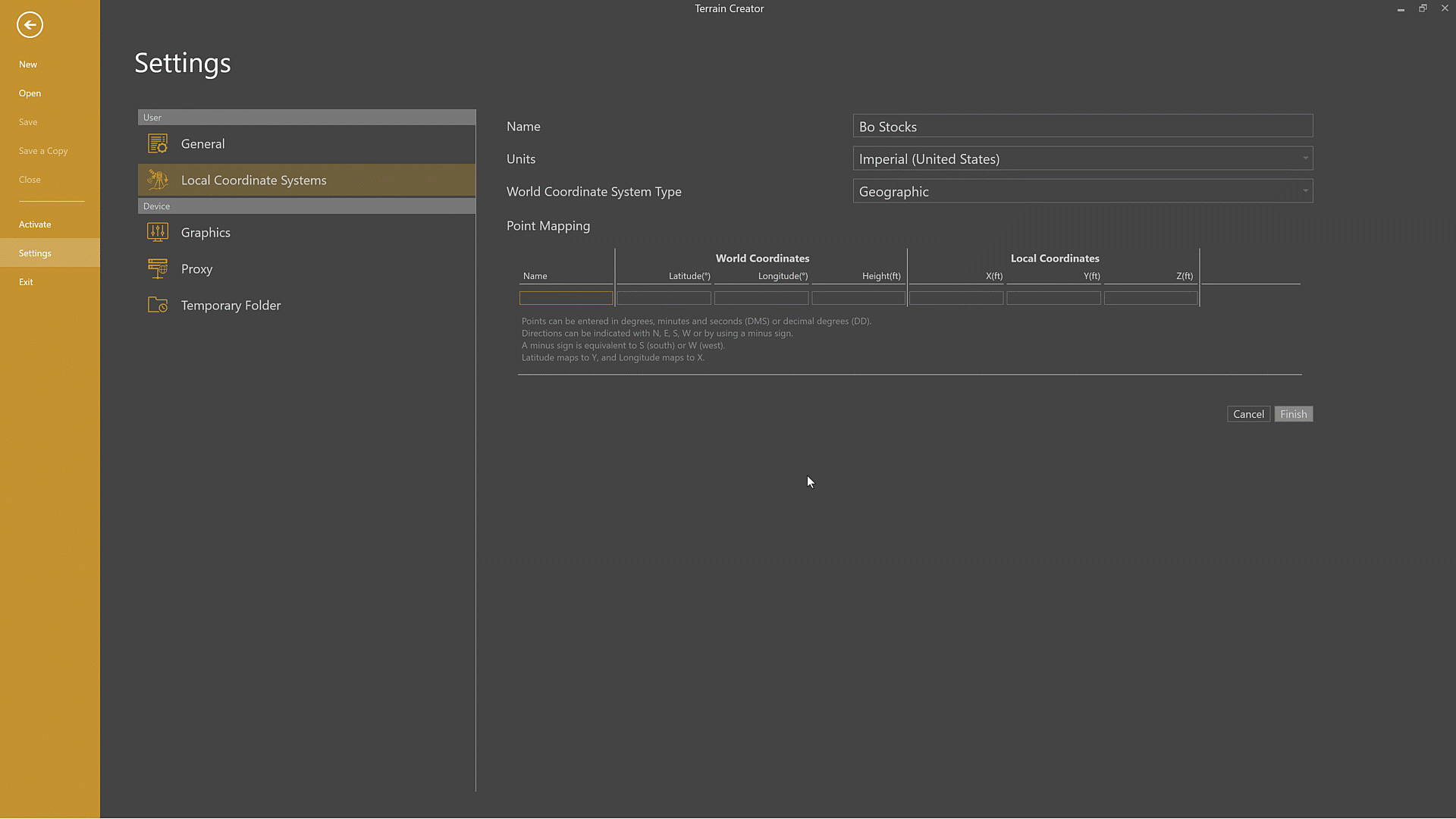 Inputting the world and local coordinates of the control points